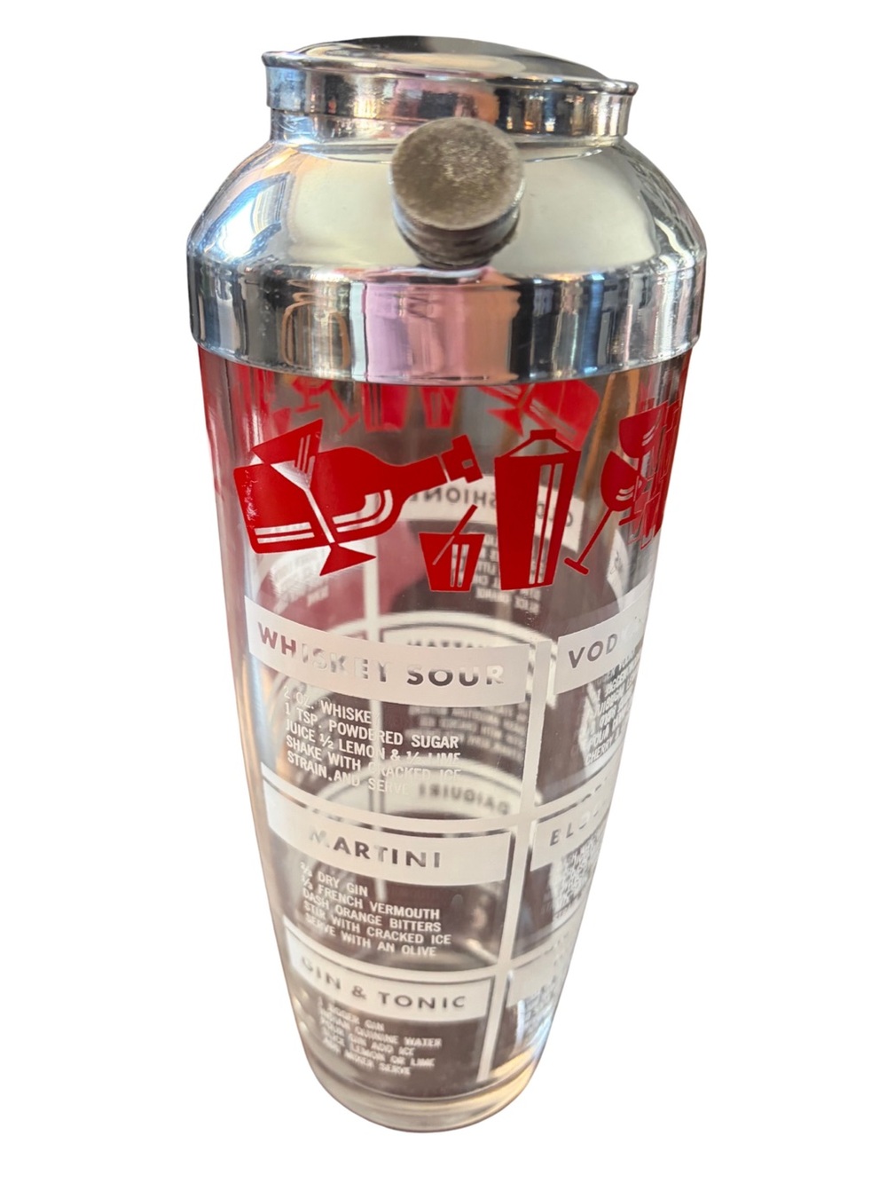 Vintage 1950โs MCM 10โ Glass Cocktail Shaker Red & White Recipe Pattern
